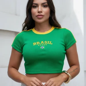 Camiseta Baby Look Brasil Bordada Copa Canelada Cropped